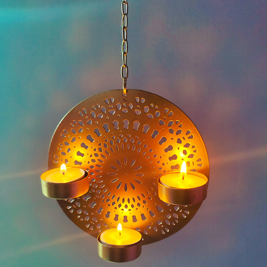 Homefrills Iron Tea Light Candles Hanging Holders for Living Room Bedroom Garden Home DÃ©cor Colour-Golden/Diameter-6 Inch